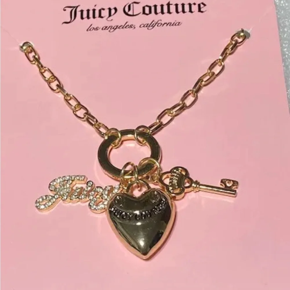 Juicy Couture goldtone puff heart key juicy crystal charm toggle necklaceNIB NWT - Picture 2 of 8